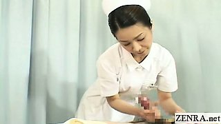 Subtitles CFNM two Japanese nurses handjob with cumshot