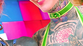Alt Tattooed Cuties in Latex Lesbian Fuck with Strap on and German Dirty Talk