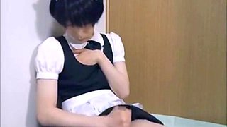 Cute Japanese Crossdresser Jacks Off in Maid Outfit