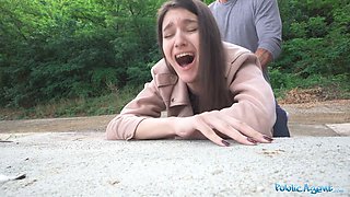 Watch this cute college teen with natural tits study a huge dick in public and get a cumshot in her mouth