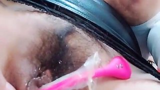 Passionate darkhaired wife teases her big tits during sensual pantyhose play
