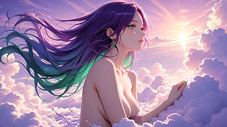 Beautiful Nude Young Woman Immersed in Purple and Emerald Cloud