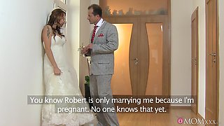 Wild fucking on the bed between a horny guy and bride to be Stacy