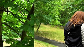 Public Agent tattooed minx bent over and fucked outdoors
