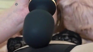 Wild Blonde in a Red Lingerie Playing with a Shave Pussy