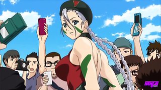 Sexy anime girl with big boobs gets naked in front of multiple guys