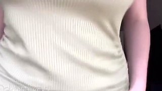 Busty curly brunette with big boobs fucks on couch