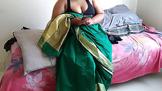Telugu Stepaunty in Green Saree with Huge Boobs on Bed and Fucks Neighbor While Watching Porn on Mobile - Huge Cumshot
