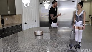 Milf maid Eva Long polishes a big hard cock and gets laid on a couch