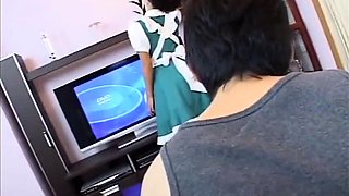 Sultry Japanese maid in uniform hangs on for a raging cock