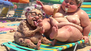 Elderly Granny Passionately Sucking BBW Feet on the Beach