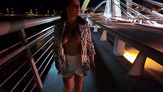 MILF Flashes her Big Tits and Pussy on the Street Bridge