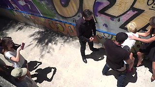 Cocks get hard when passers-by watch blonde being fucked