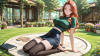 Redhead Busty Beauty Passionate Sex on Garden Grass: Shiny Green Skirt & Black Stockings to Squirting
