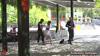 Slave Zenda Sultry paraded with dildo on a stick in publi