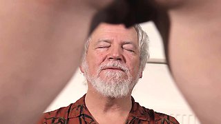 Teen Interrupts Grandpa from Yoga And Sucks his Cock