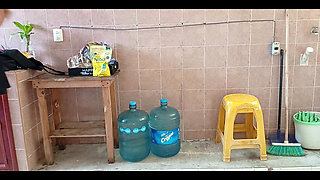 Chubby Stepmother Washes and Cleans the Kitchen