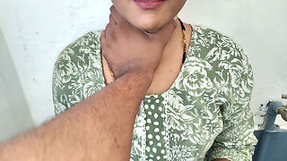 Indian Desi Wife Blowjob Sucking Cumshot on Neck in Bathroom