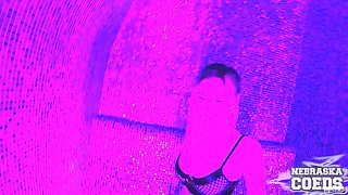 Super-hot Light-haired Model Deep Dildoing in Sauna with XXL Playthings