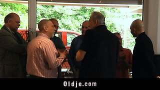 Seven grandpas gang bang young blonde at a meeting