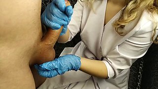 Nurse masturbates my cock with a latex glove